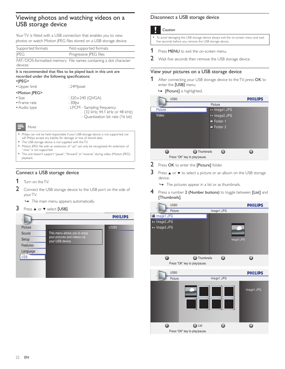Connect a usb storage device, Disconnect a usb storage device, View your pictures on a usb storage device | Philips 19PFL3505D User Manual | Page 23 / 36