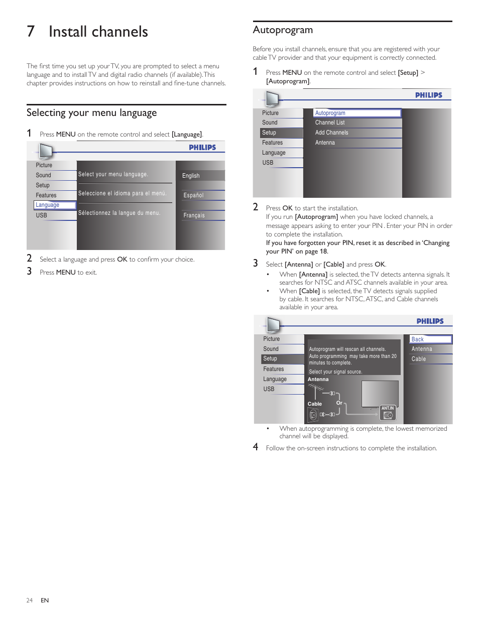 7 install channels, Selecting your menu language, Autoprogram | Selecting your menu language 1 | Philips 19PFL3505D User Manual | Page 25 / 36