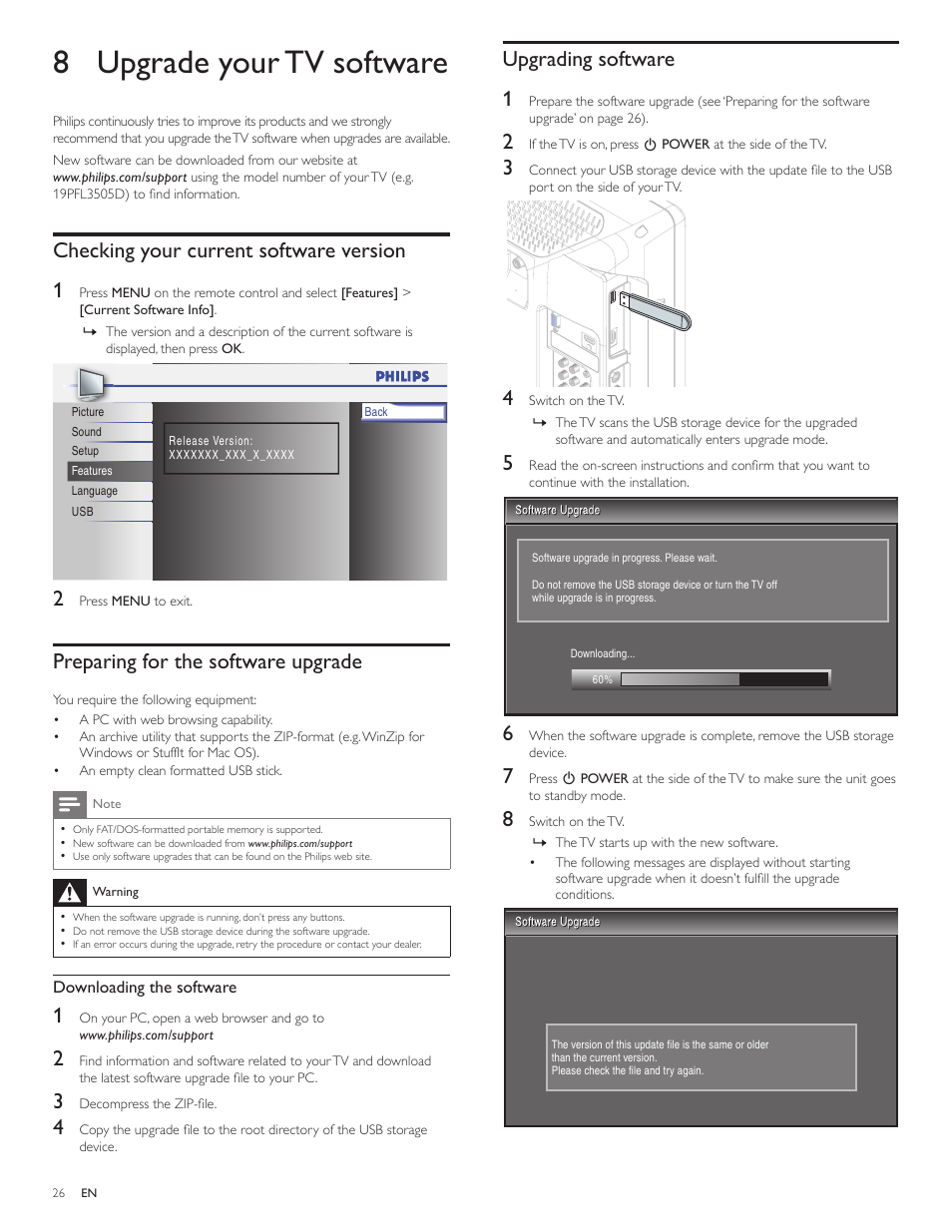 8 upgrade your tv software, Checking your current software version, Preparing for the software upgrade | Upgrading software, Checking your current software version 1, Upgrading software 1 | Philips 19PFL3505D User Manual | Page 27 / 36