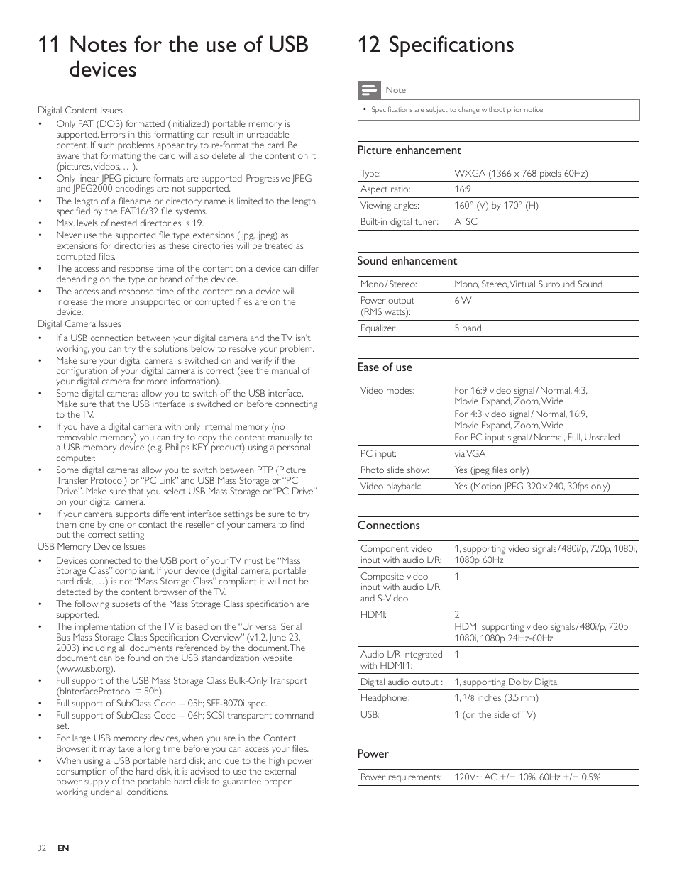 11 notes for the use of usbdevices, 1 2 specifications | Philips 19PFL3505D User Manual | Page 33 / 36