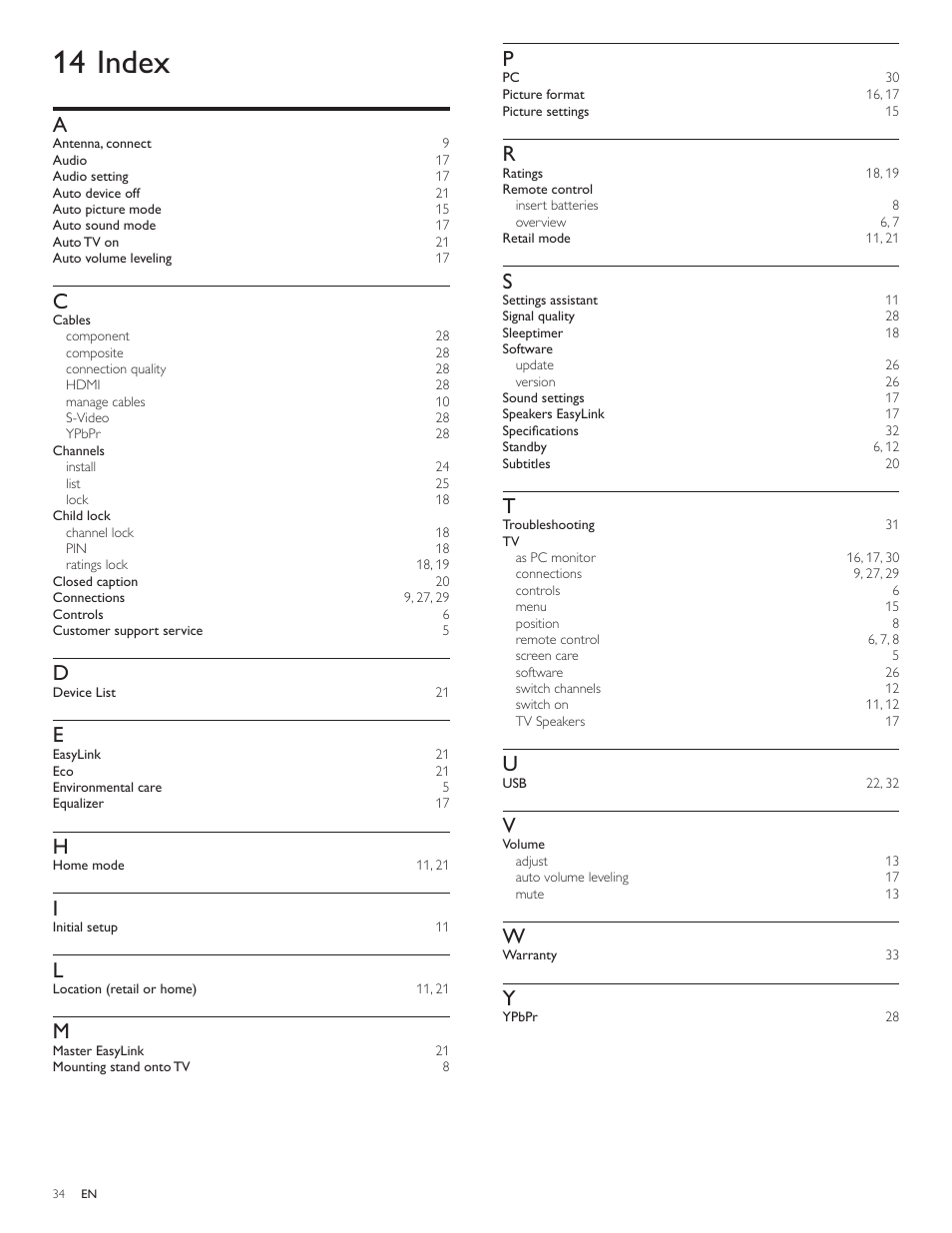 1 4 index | Philips 19PFL3505D User Manual | Page 35 / 36