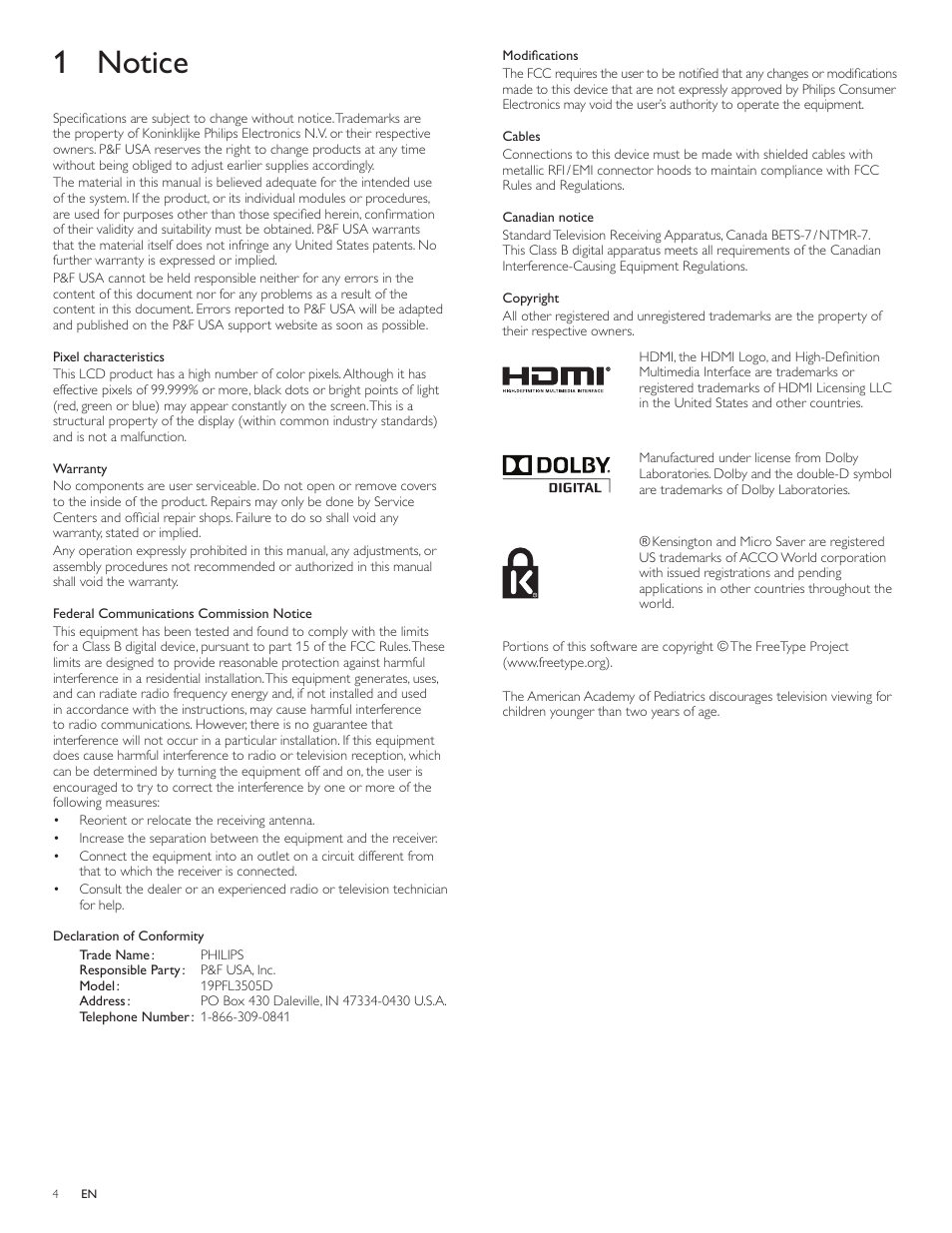 1 notice | Philips 19PFL3505D User Manual | Page 5 / 36