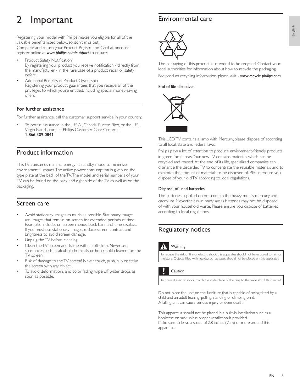 2 important, Product information, Screen care | Environmental care, Regulatory notices | Philips 19PFL3505D User Manual | Page 6 / 36