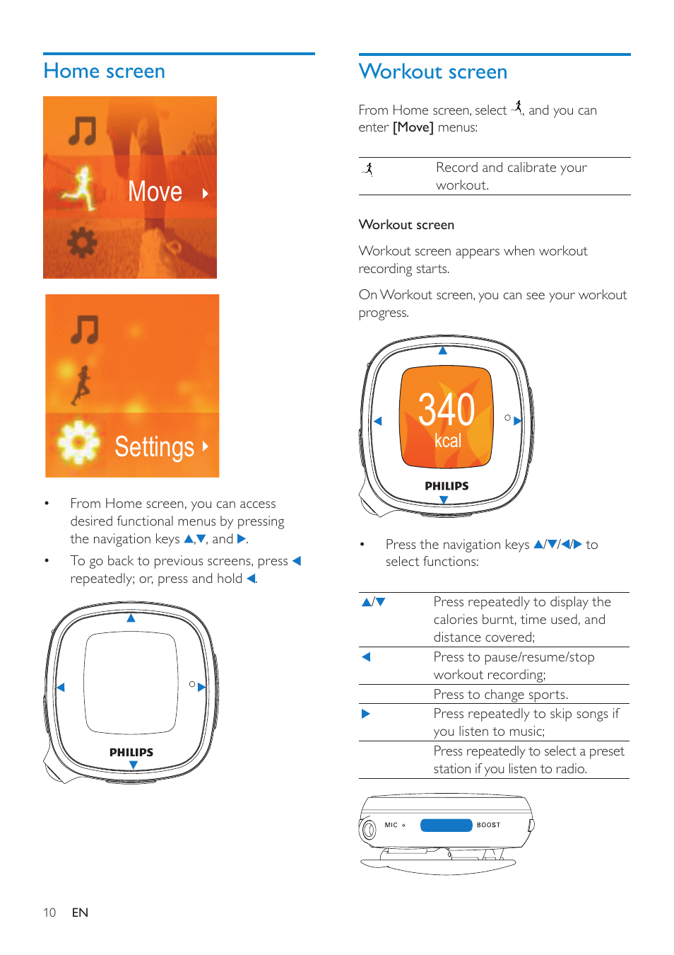 Home screen, Workout screen | Philips ACT101M/17 User Manual | Page 10 / 43