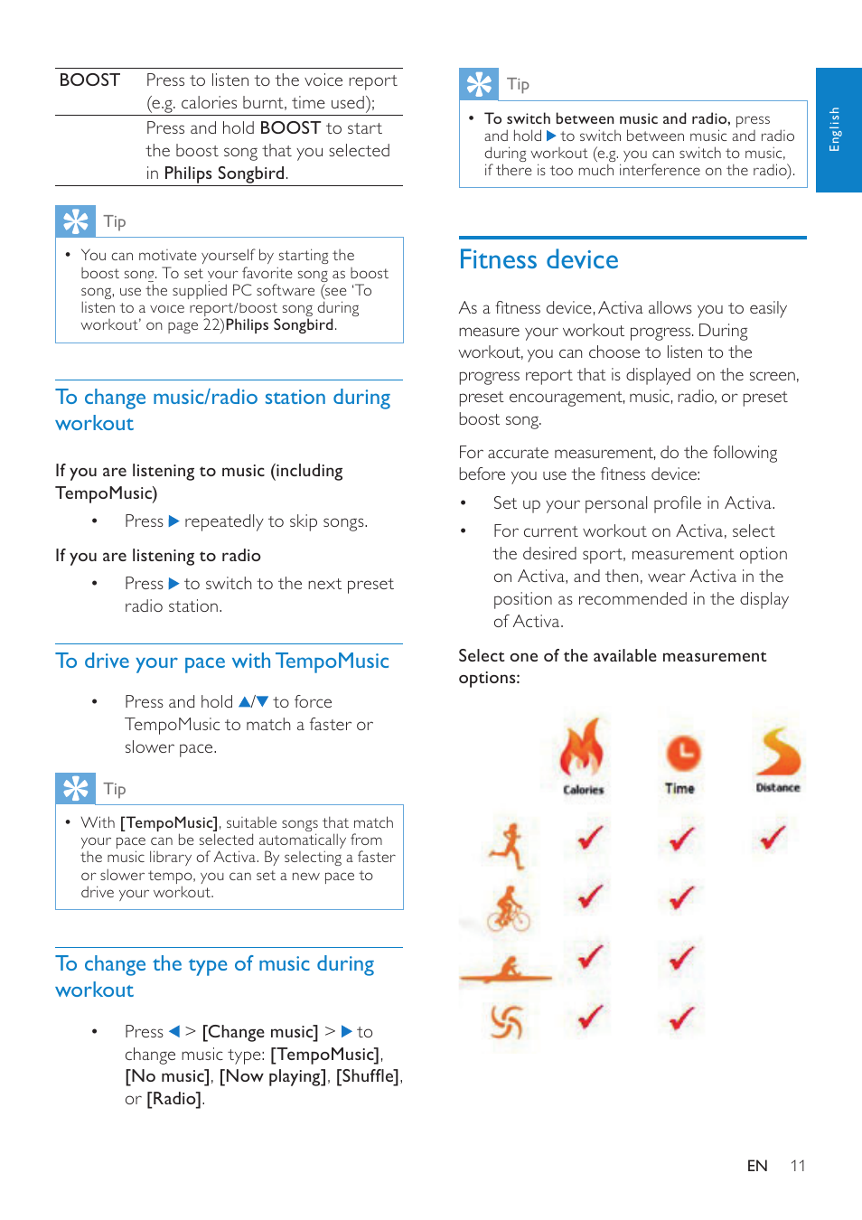 To change music/radio station during workout, To drive your pace with tempomusic, To change the type of music during workout | Fitness device, To change music/radio station, During workout, To drive your pace with, Tempomusic, To change the type of music during, Workout | Philips ACT101M/17 User Manual | Page 11 / 43