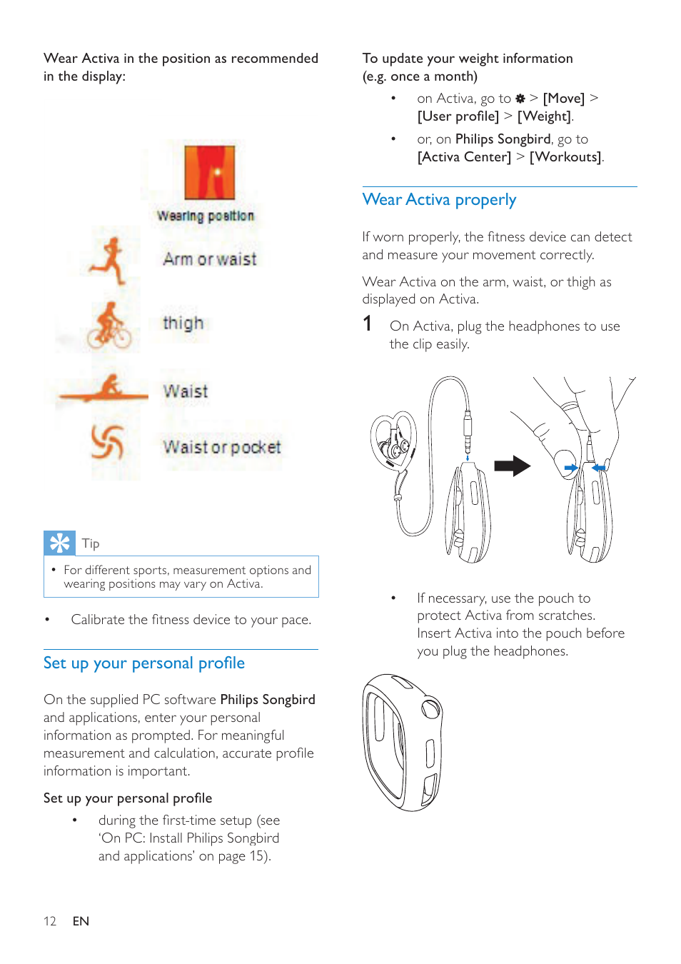 Set up your personal profile, Wear activa properly | Philips ACT101M/17 User Manual | Page 12 / 43