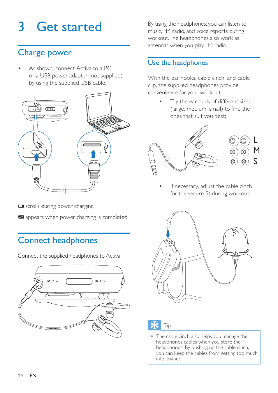 3 get started, Charge power, Connect headphones | Use the headphones | Philips ACT101M/17 User Manual | Page 14 / 43