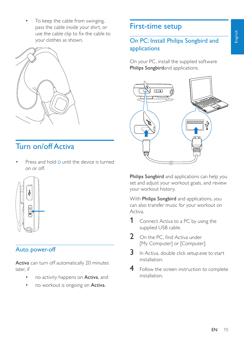 Turn on/off activa, Auto power-off, First-time setup | On pc: install philips songbird and applications, On pc: install philips songbird and, Applications | Philips ACT101M/17 User Manual | Page 15 / 43