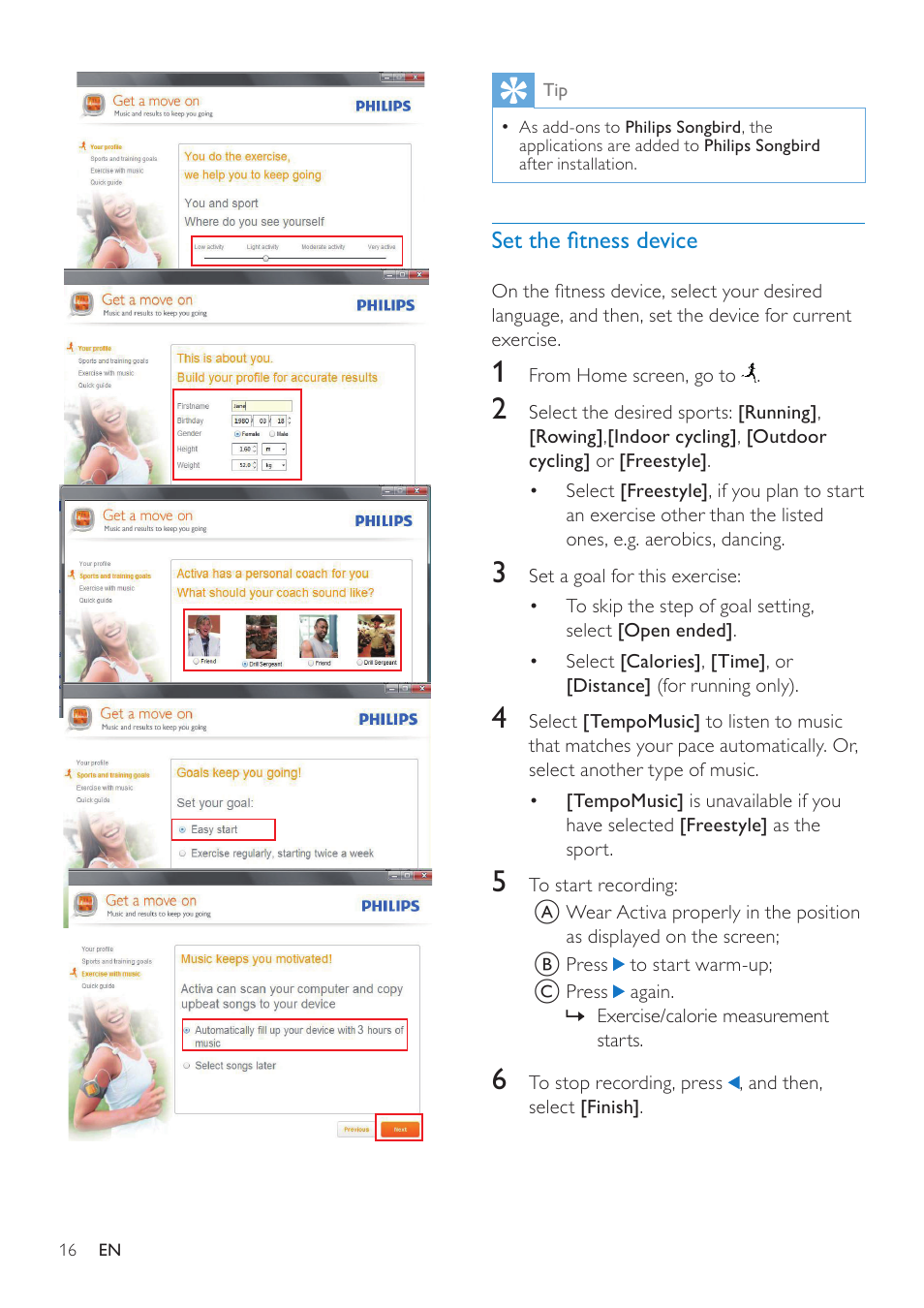 Set the fitness device | Philips ACT101M/17 User Manual | Page 16 / 43