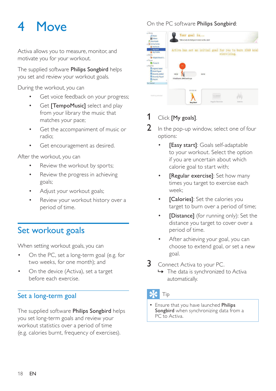 4 move, Set workout goals, Set a long-term goal | Philips ACT101M/17 User Manual | Page 18 / 43