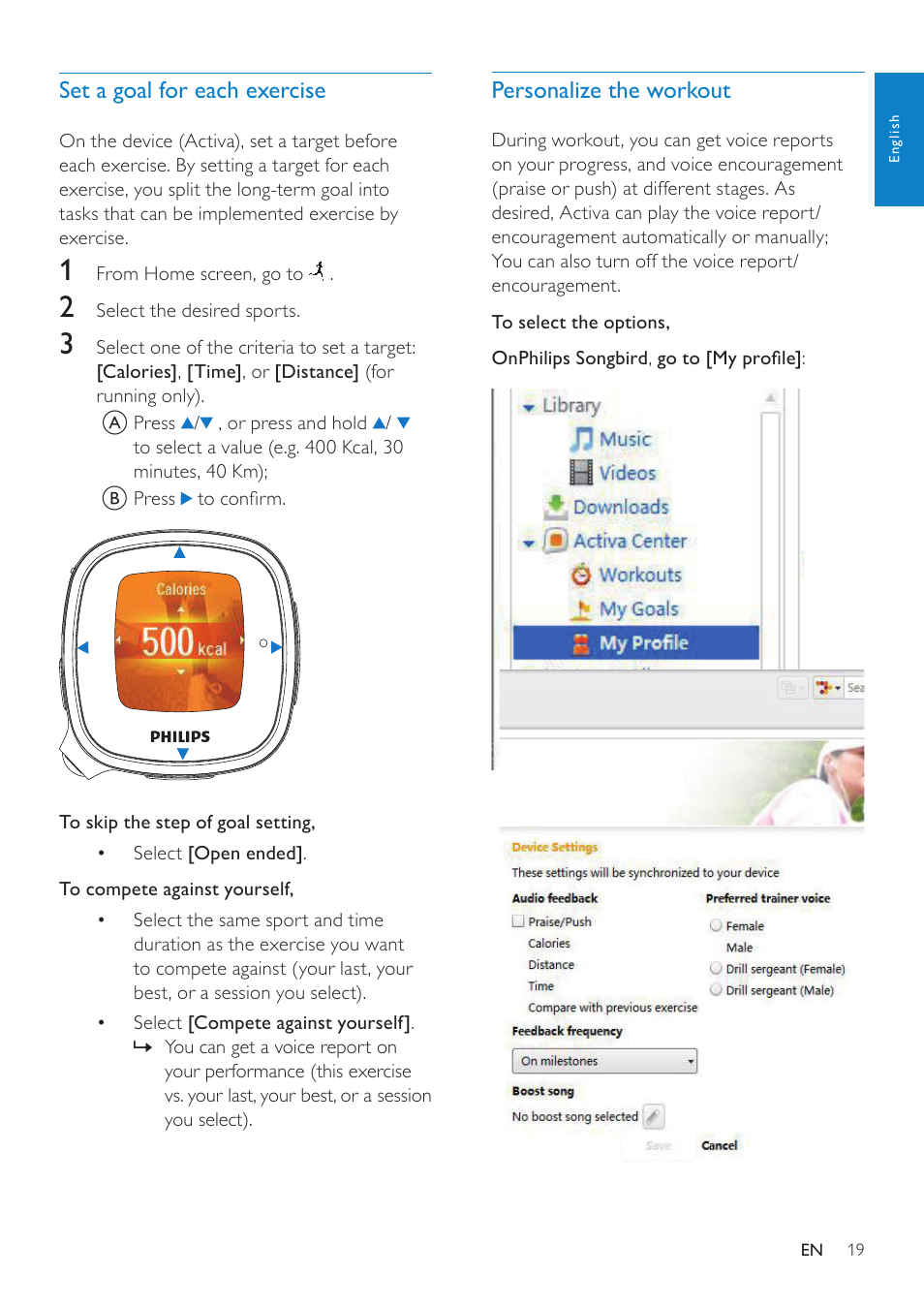 Set a goal for each exercise, Personalize the workout | Philips ACT101M/17 User Manual | Page 19 / 43