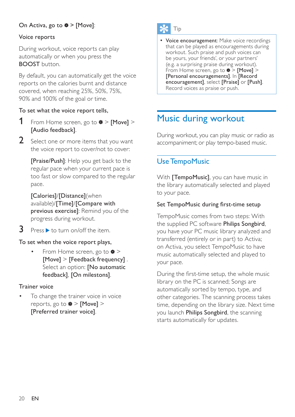 Music during workout, Use tempomusic | Philips ACT101M/17 User Manual | Page 20 / 43