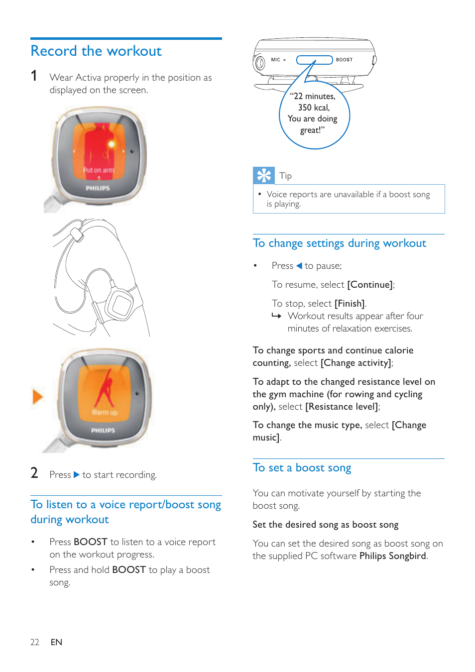 Record the workout, To change settings during workout, To set a boost song | To listen to a voice report/boost, Song during workout, To change settings during workout 22 | Philips ACT101M/17 User Manual | Page 22 / 43