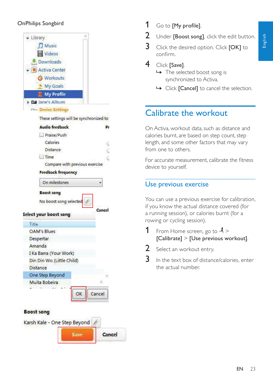 Calibrate the workout, Use previous exercise | Philips ACT101M/17 User Manual | Page 23 / 43