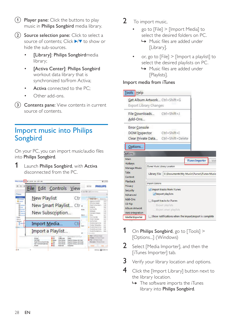 Import music into philips songbird | Philips ACT101M/17 User Manual | Page 28 / 43