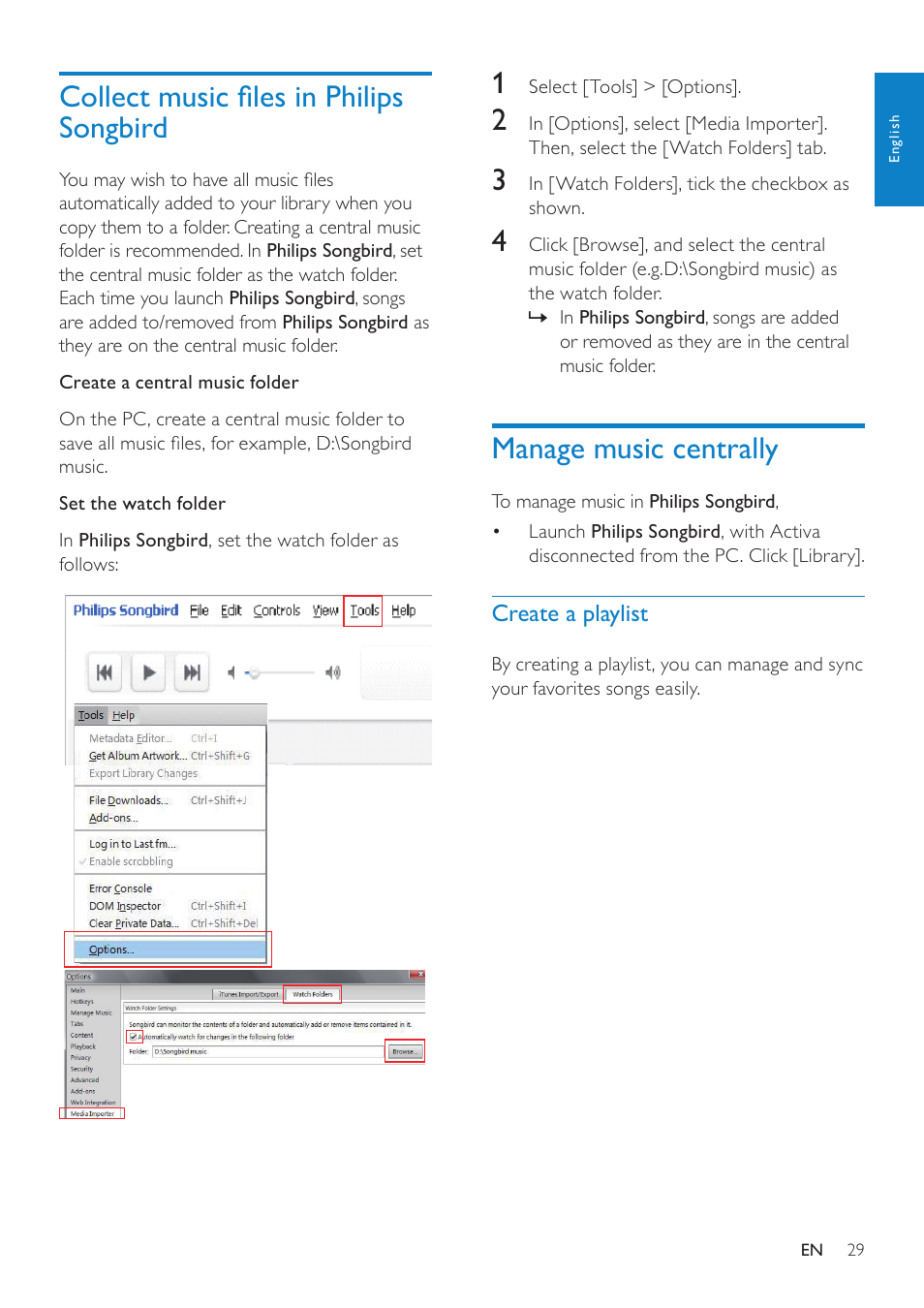 Collect music files in philips songbird, Manage music centrally, Create a playlist | Collect music files in philips songbird 29 | Philips ACT101M/17 User Manual | Page 29 / 43