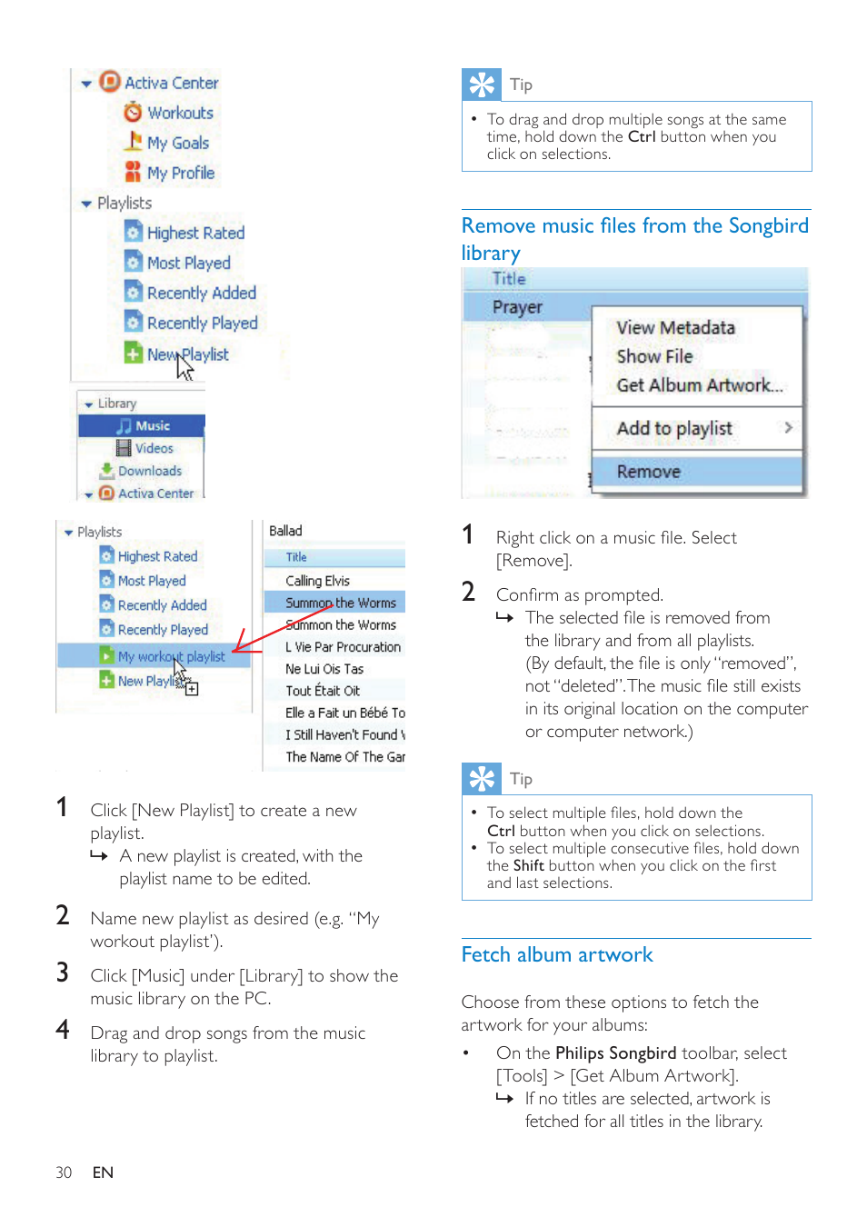 Remove music files from the songbird library, Fetch album artwork, Remove music files from the | Songbird library | Philips ACT101M/17 User Manual | Page 30 / 43