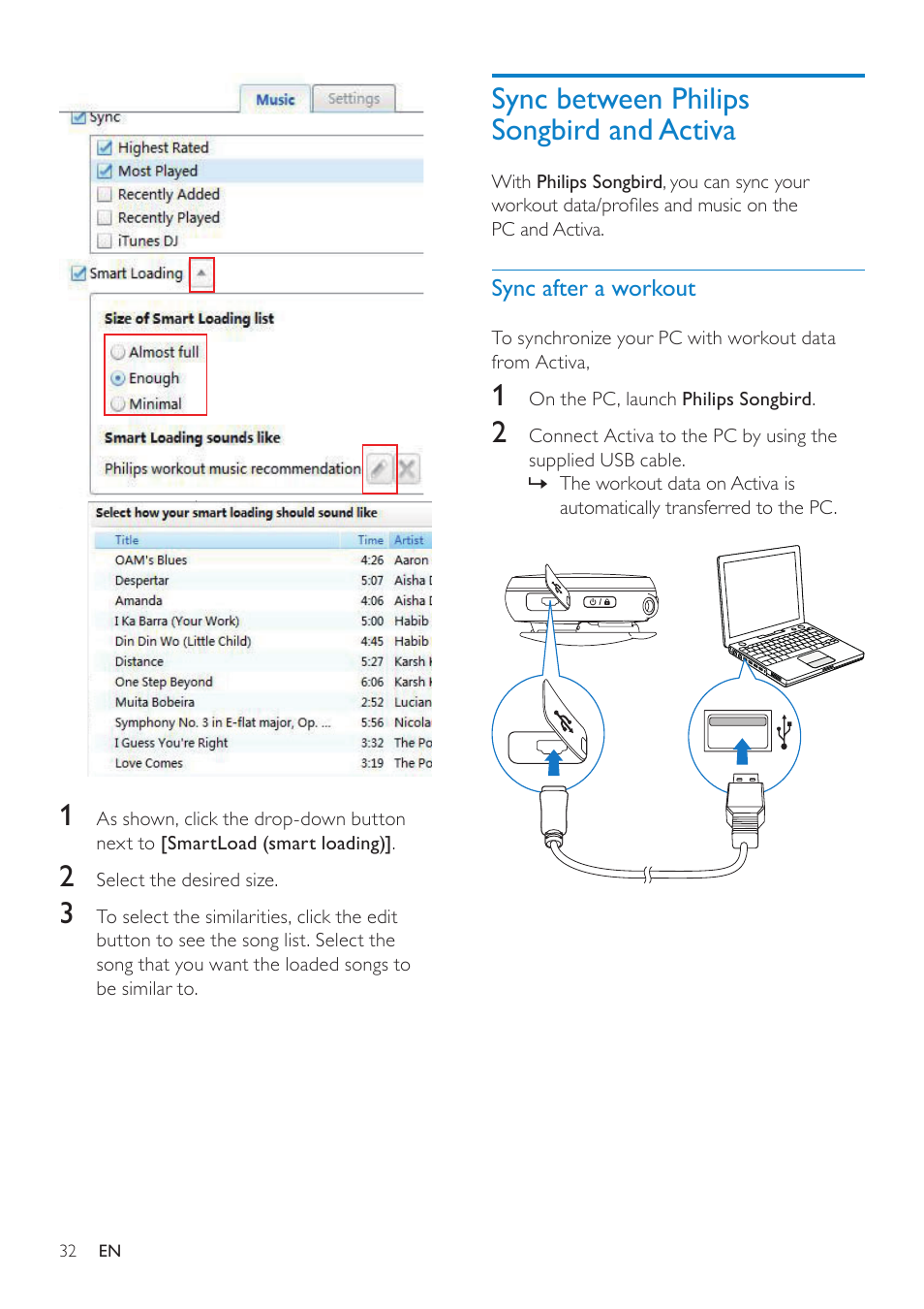 Sync between philips songbird and activa, Sync after a workout, Sync between philips songbird and | Activa | Philips ACT101M/17 User Manual | Page 32 / 43