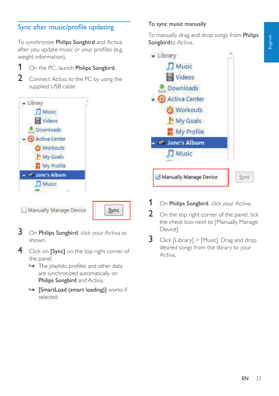 Sync after music/profile updating, Sync after music/profile updating 33 | Philips ACT101M/17 User Manual | Page 33 / 43