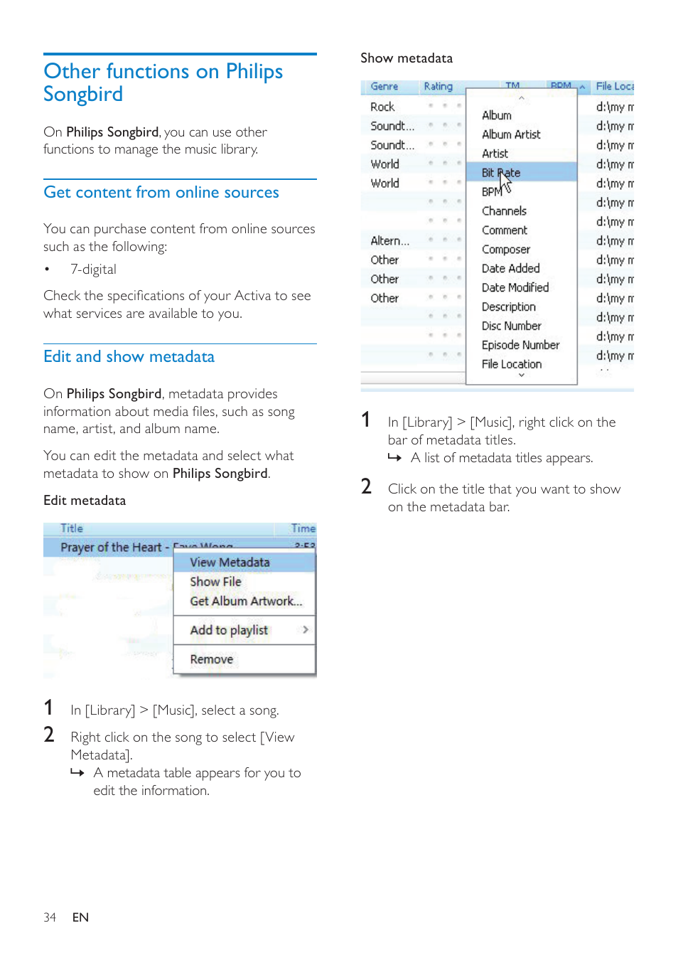 Other functions on philips songbird, Get content from online sources, Edit and show metadata | Get content from online sources 34 | Philips ACT101M/17 User Manual | Page 34 / 43