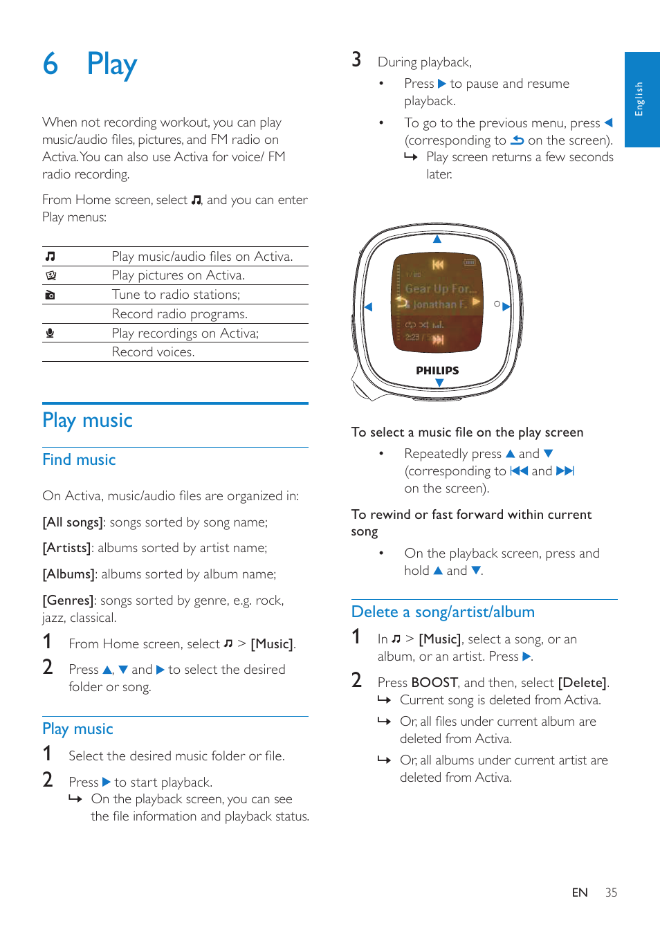 6 play, Play music, Find music | Delete a song/artist/album | Philips ACT101M/17 User Manual | Page 35 / 43