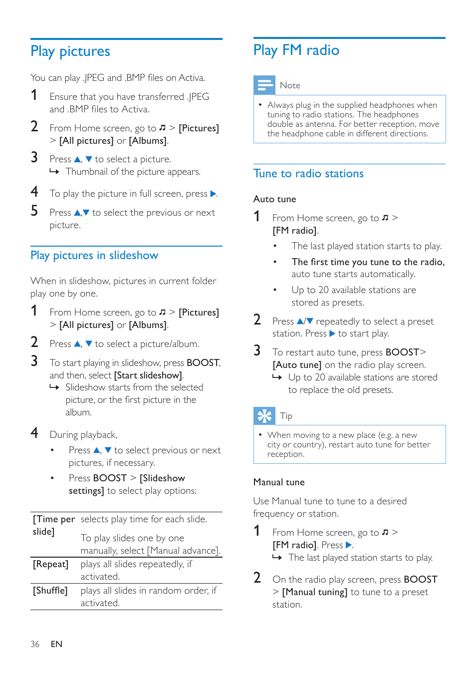 Play pictures, Play pictures in slideshow, Play fm radio | Tune to radio stations | Philips ACT101M/17 User Manual | Page 36 / 43