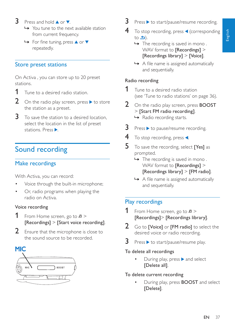 Store preset stations, Sound recording, Make recordings | Play recordings | Philips ACT101M/17 User Manual | Page 37 / 43