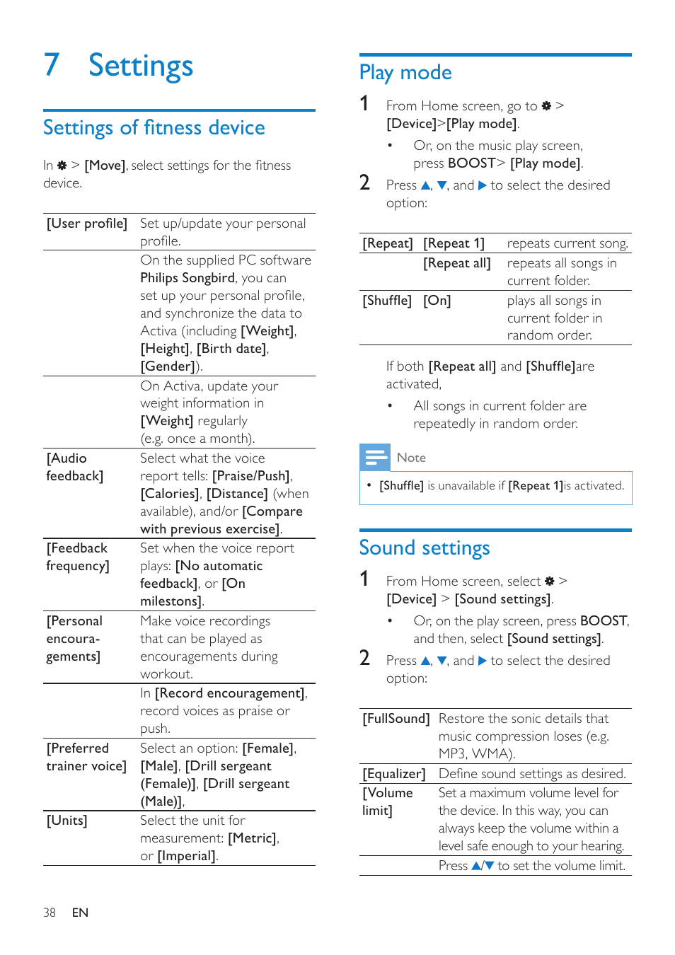 7 settings, Settings of fitness device, Play mode | Sound settings, Play mode 1, Sound settings 1 | Philips ACT101M/17 User Manual | Page 38 / 43