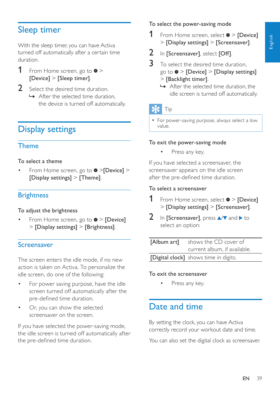 Sleep timer, Display settings, Theme | Brightness, Screensaver, Date and time | Philips ACT101M/17 User Manual | Page 39 / 43