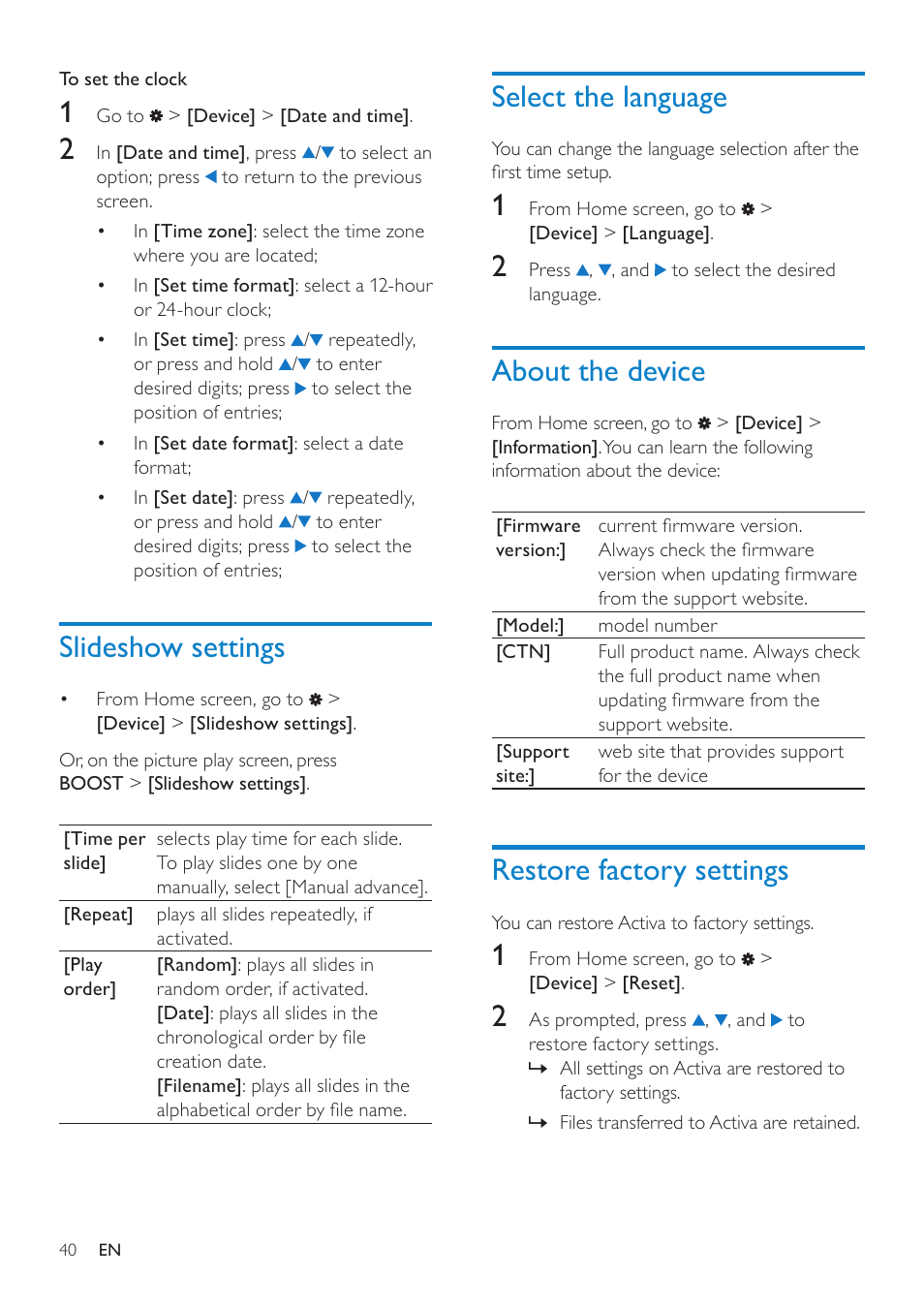 Slideshow settings, Select the language, About the device | Restore factory settings | Philips ACT101M/17 User Manual | Page 40 / 43