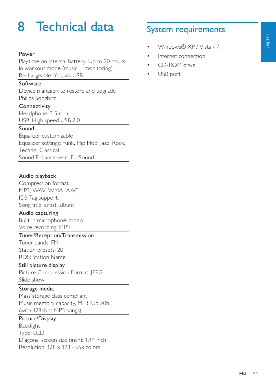8 technical data, System requirements | Philips ACT101M/17 User Manual | Page 41 / 43