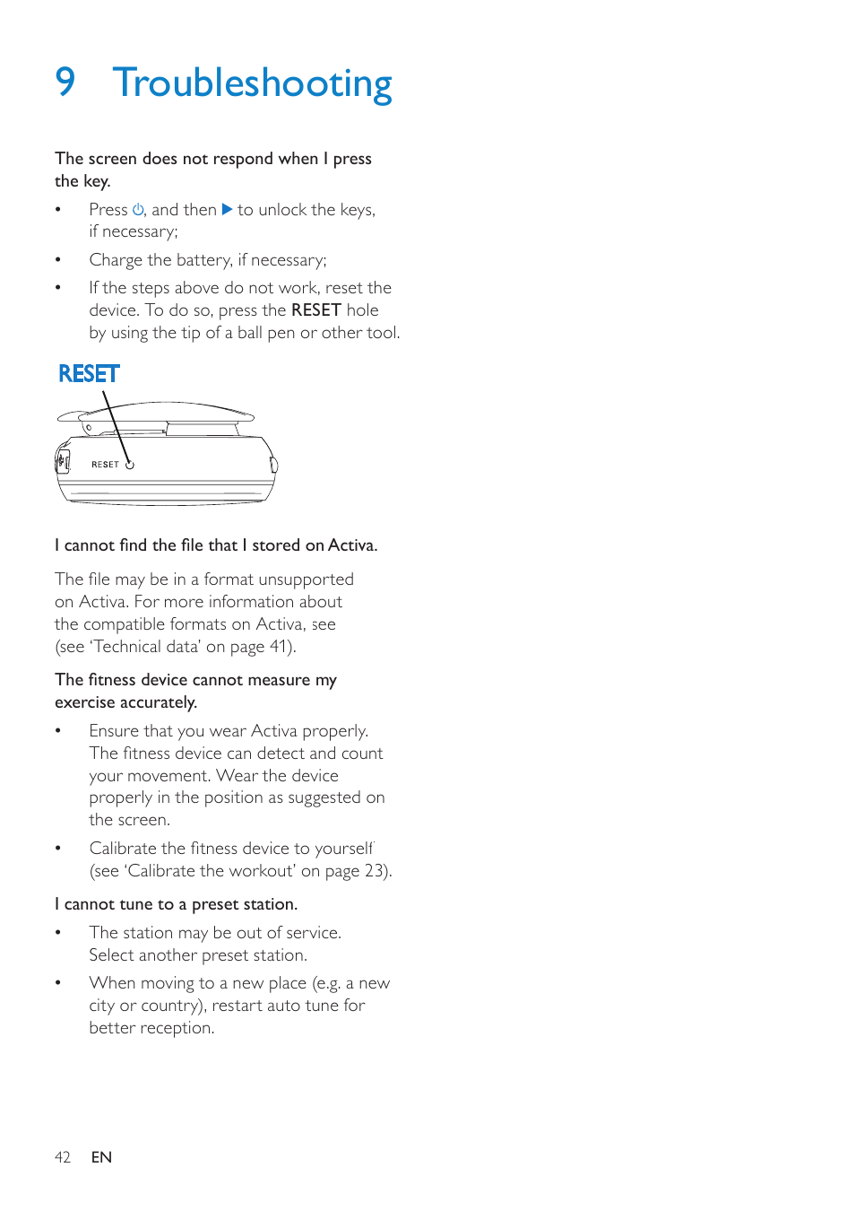 9 troubleshooting | Philips ACT101M/17 User Manual | Page 42 / 43