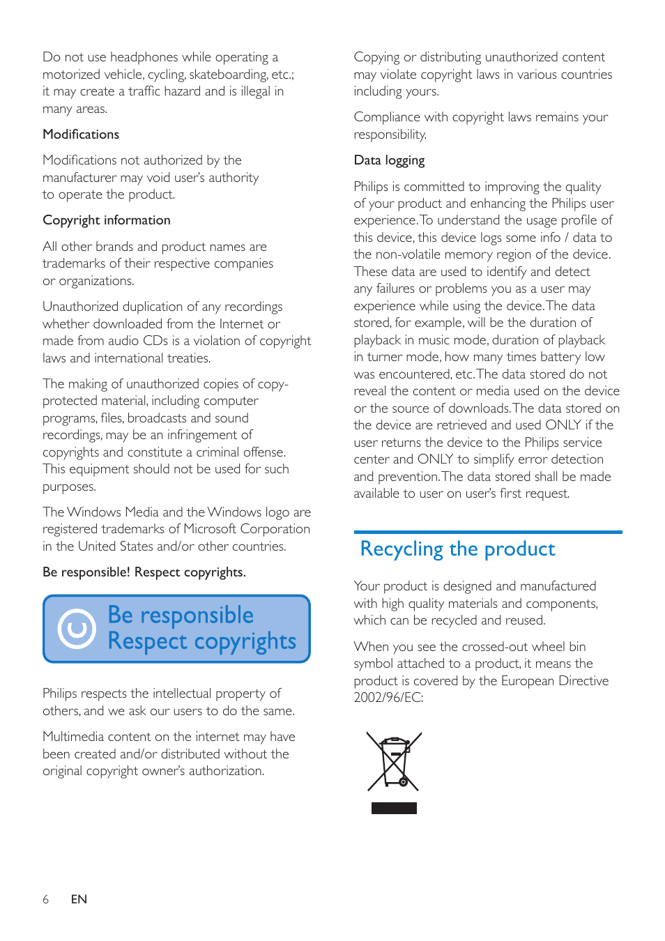 Recycling the product | Philips ACT101M/17 User Manual | Page 6 / 43