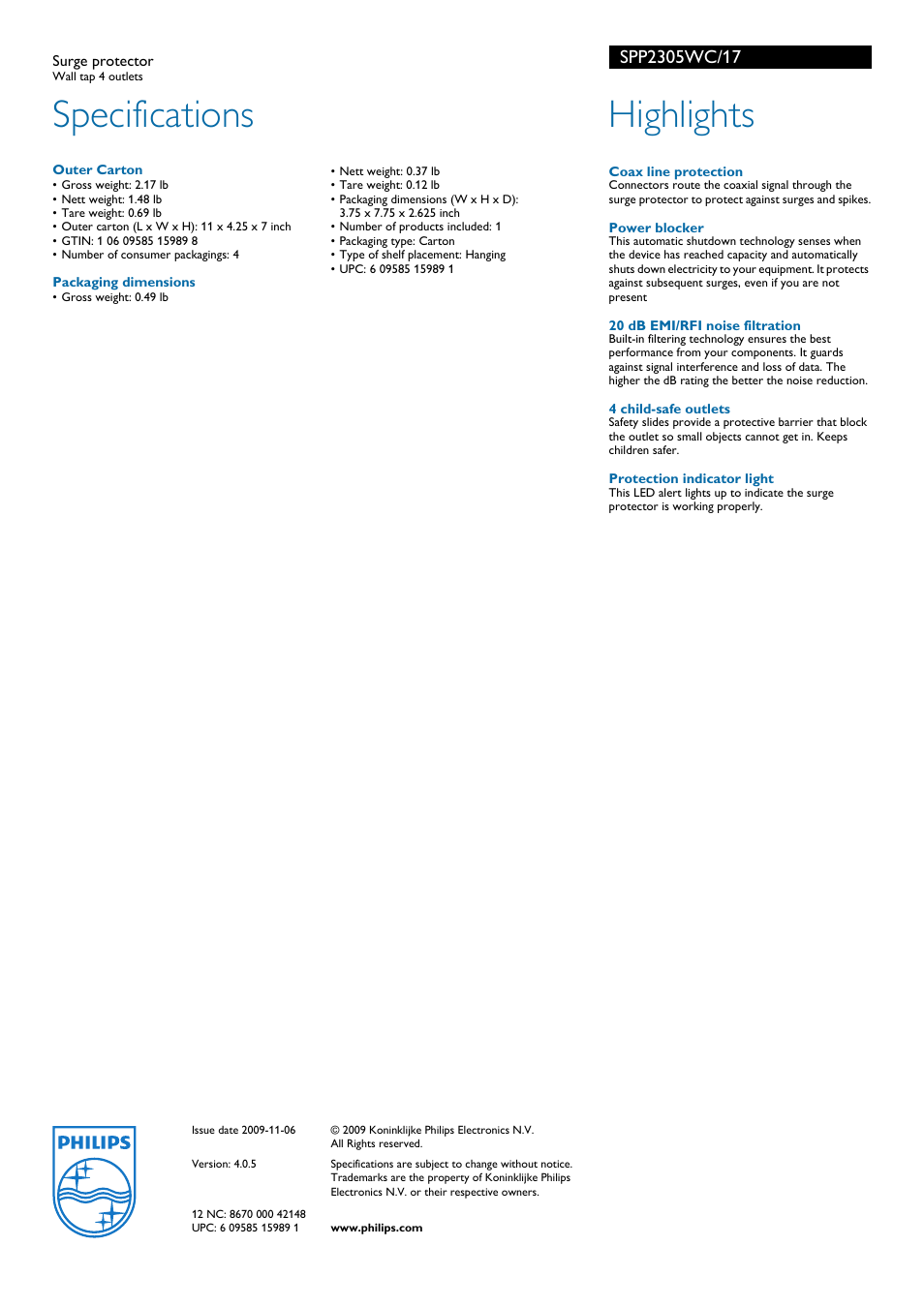 Specifications, Highlights | Philips SPP2305WC User Manual | Page 2 / 2