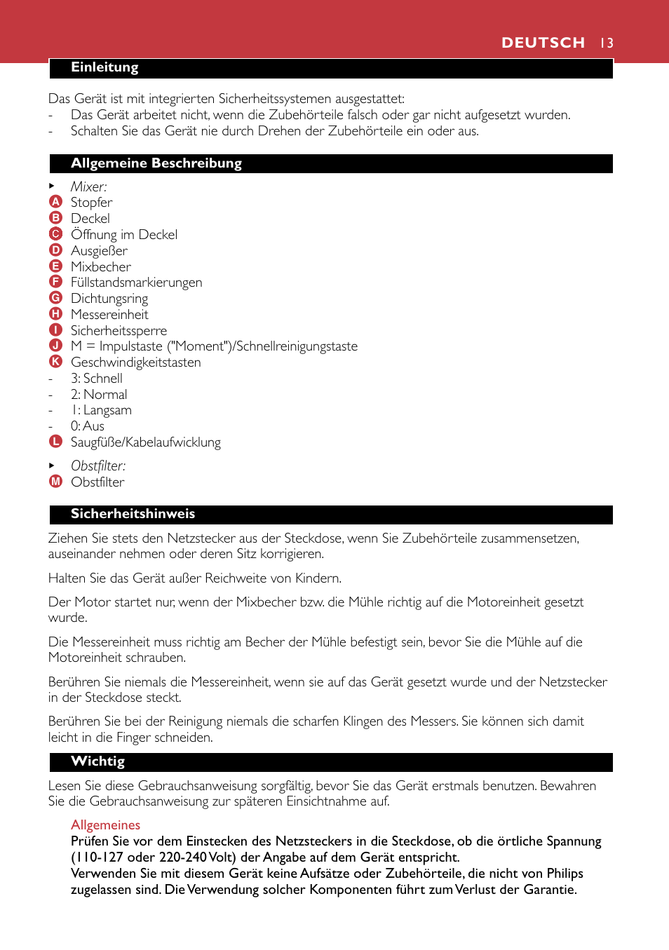 Deutsch 13 | Philips HR1741 User Manual | Page 13 / 100