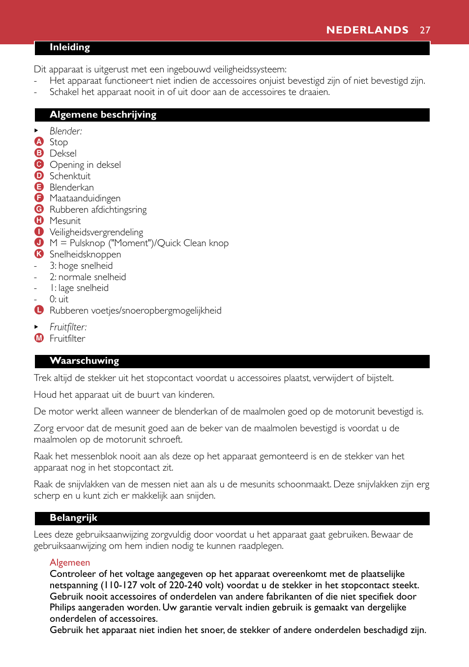 Nederlands 27 | Philips HR1741 User Manual | Page 27 / 100