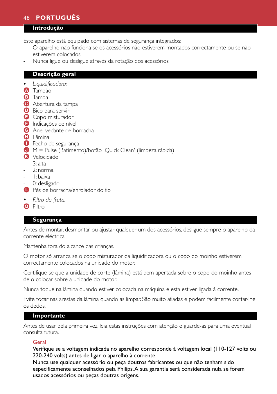 Português 48 | Philips HR1741 User Manual | Page 48 / 100