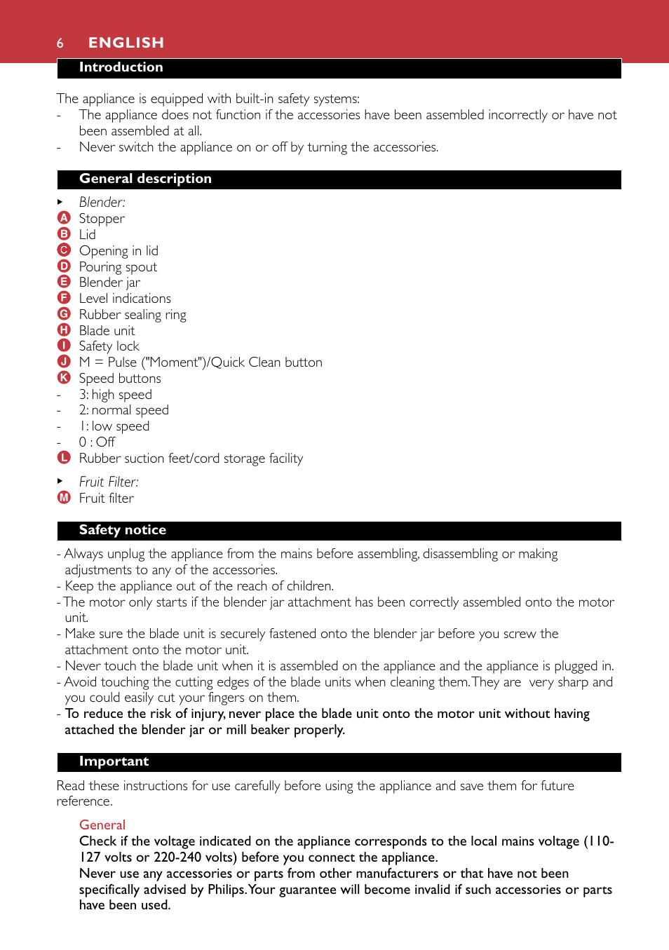 English 6 | Philips HR1741 User Manual | Page 6 / 100