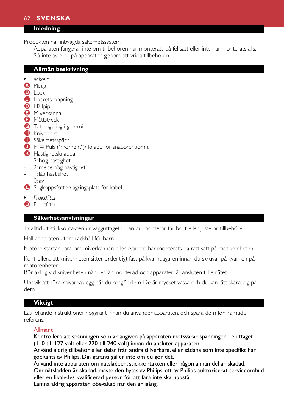 Svenska 62 | Philips HR1741 User Manual | Page 62 / 100