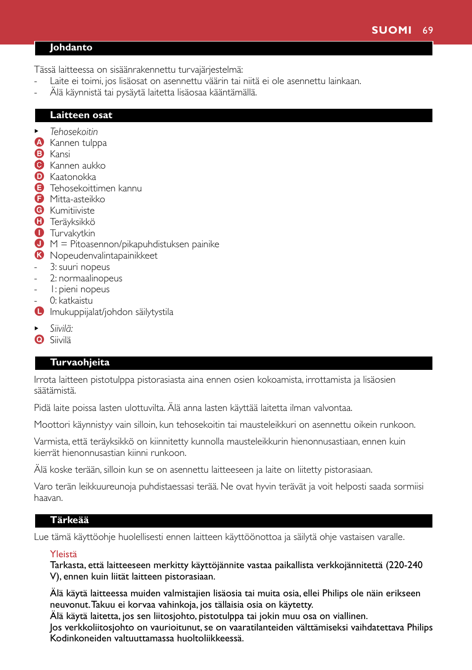 Suomi 69 | Philips HR1741 User Manual | Page 69 / 100