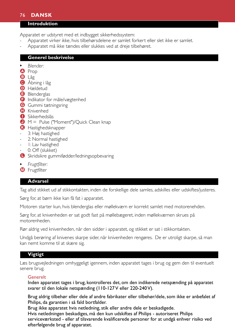 Dansk 76 | Philips HR1741 User Manual | Page 76 / 100