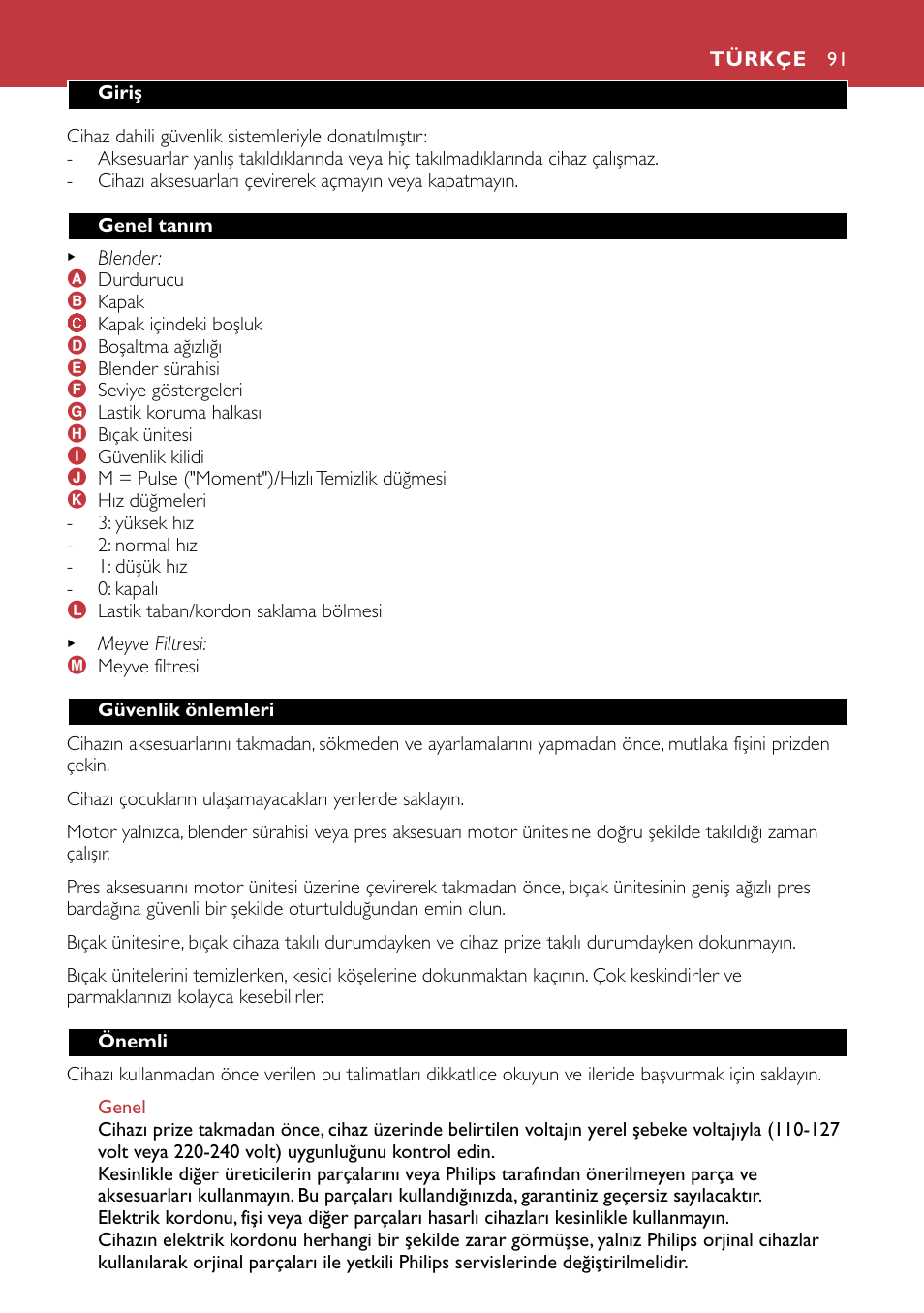 Türkçe | Philips HR1741 User Manual | Page 91 / 100