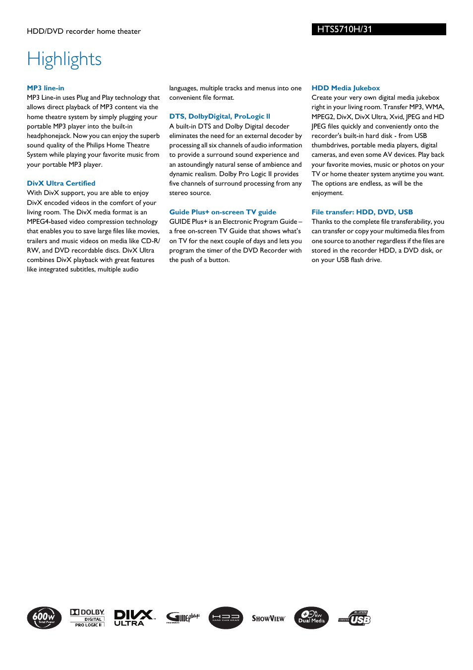 Highlights | Philips HTS5710H User Manual | Page 2 / 3