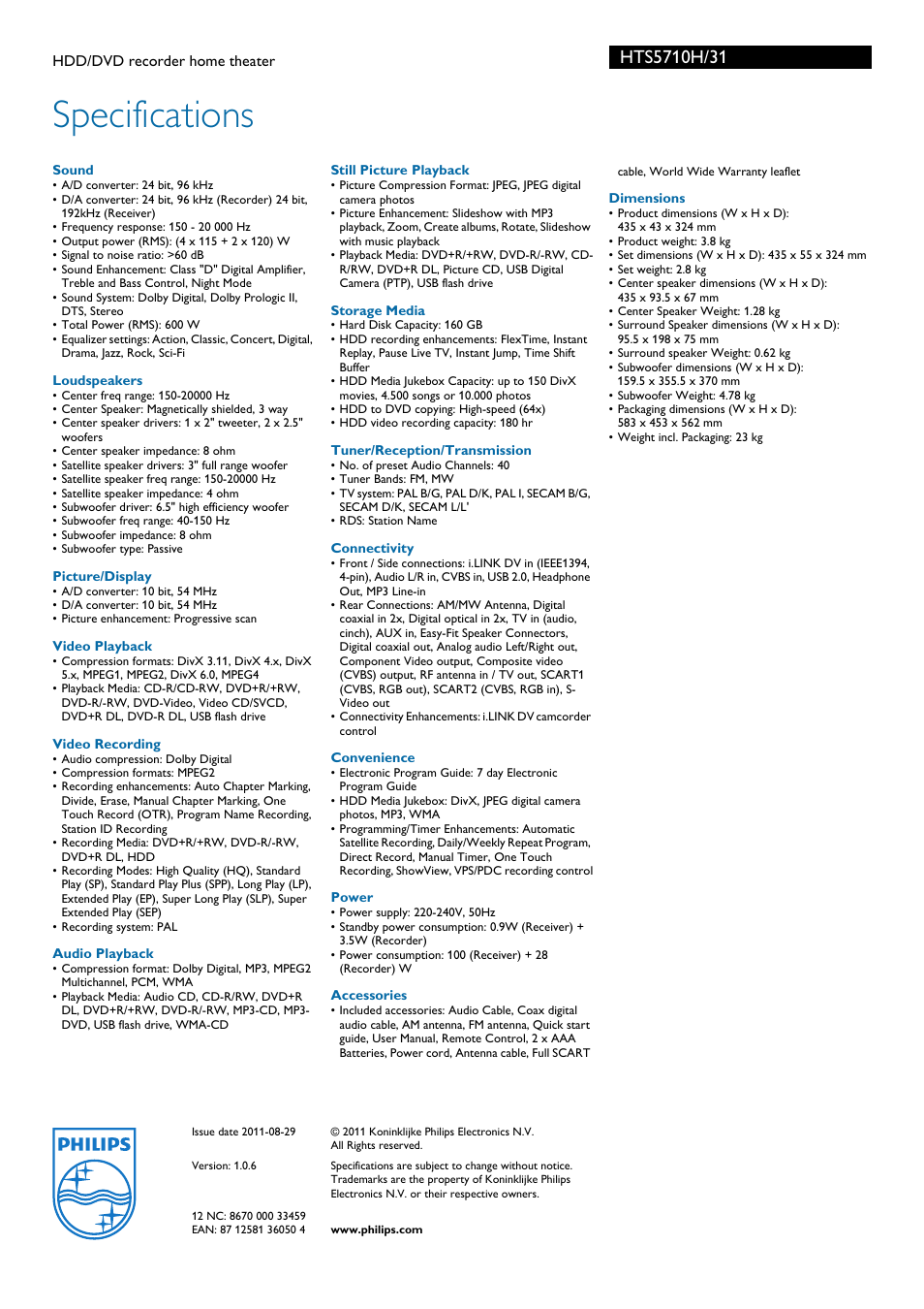 Specifications | Philips HTS5710H User Manual | Page 3 / 3