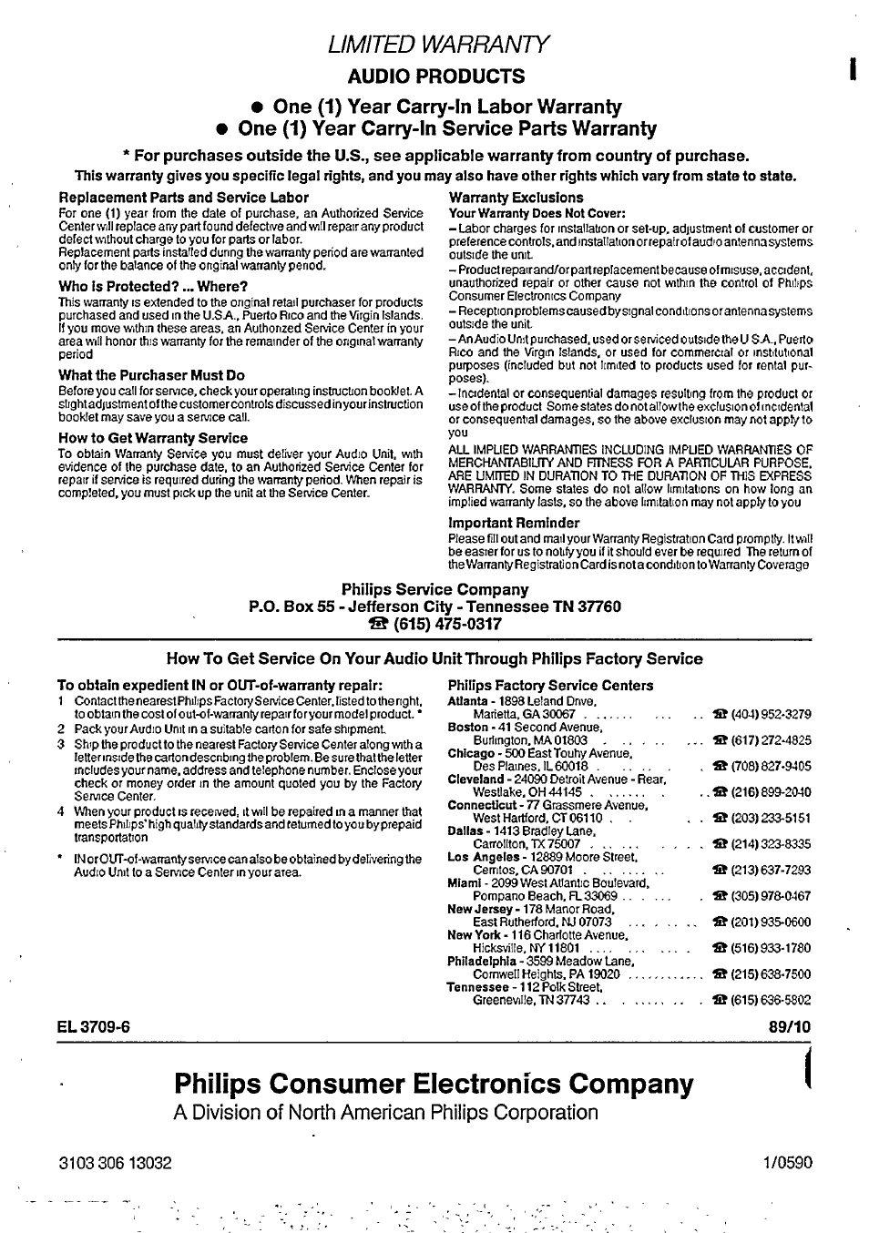 Limited warranty, Audio products, El 3709-6 | A division of north american philips corporation, Philips consumer electronics company | Philips CDC 550 User Manual | Page 10 / 10