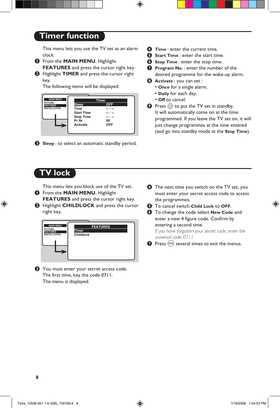 Timer function tv lock | Philips 14PT1521 User Manual | Page 10 / 76