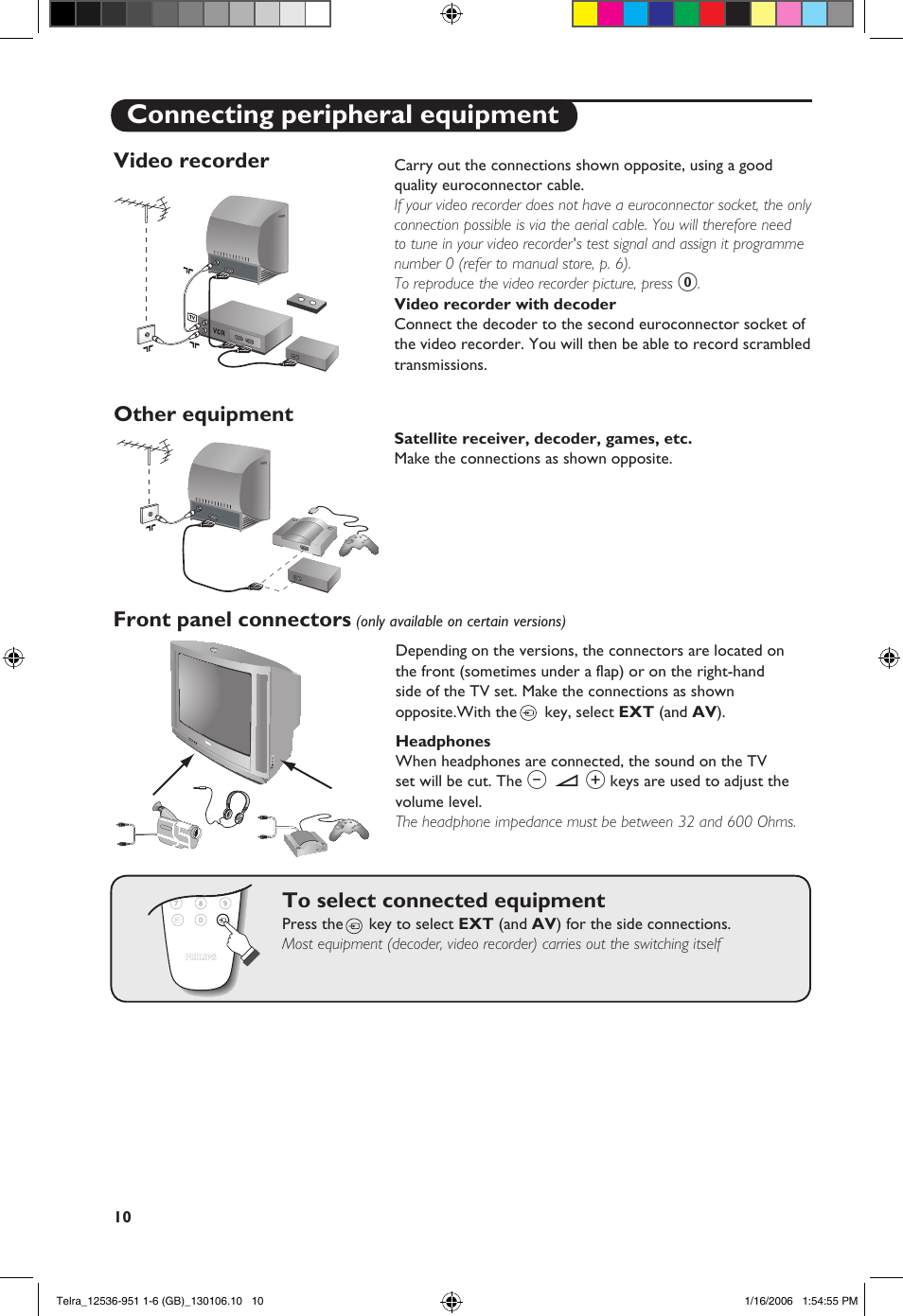 Connecting peripheral equipment, Video recorder, Other equipment front panel connectors | Philips 14PT1521 User Manual | Page 12 / 76