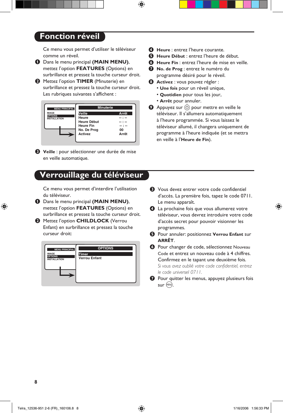 Fonction réveil verrouillage du téléviseur | Philips 14PT1521 User Manual | Page 22 / 76