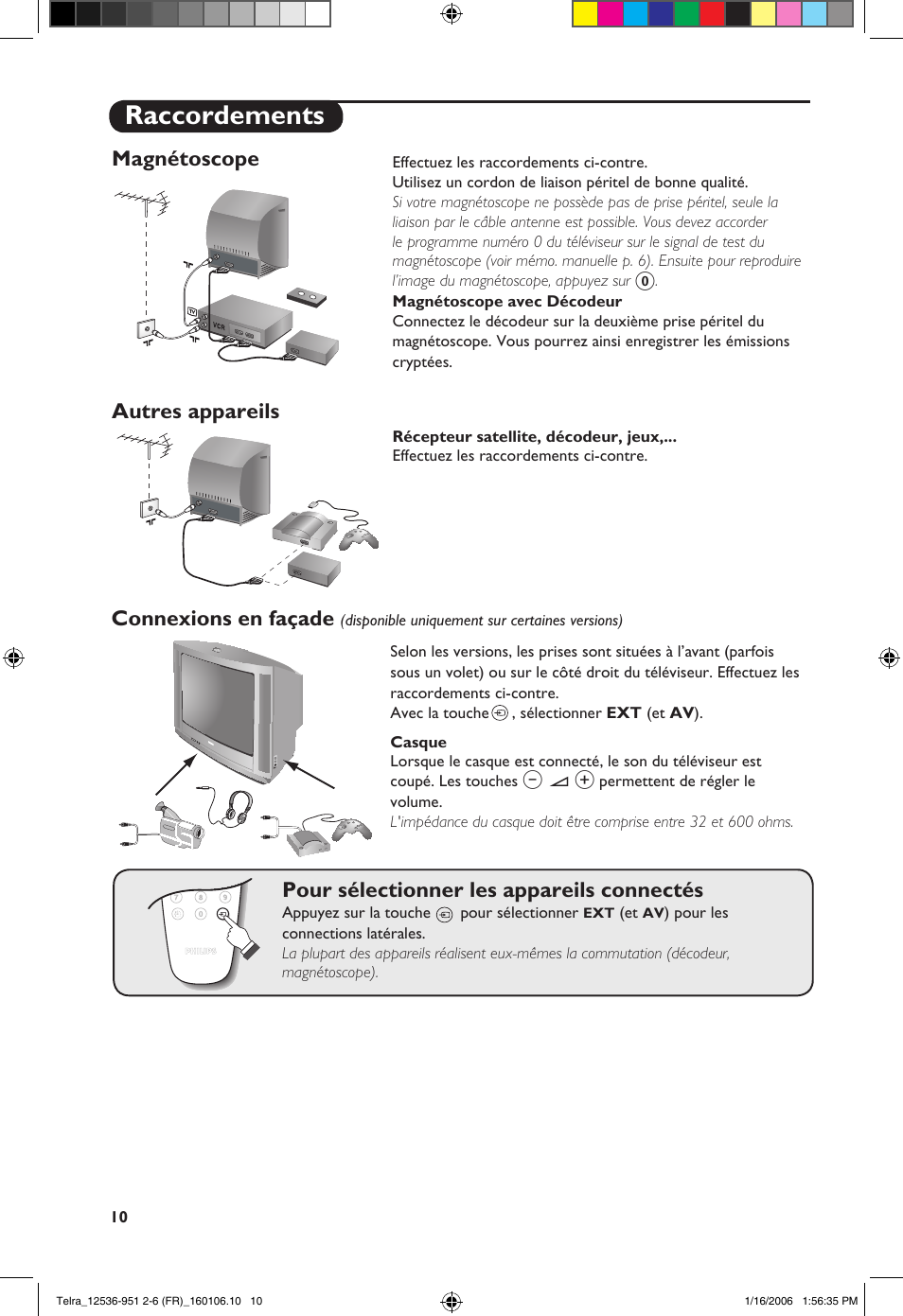 Raccordements, Magnétoscope, Autres appareils | Connexions en façade, Pour sélectionner les appareils connectés | Philips 14PT1521 User Manual | Page 24 / 76