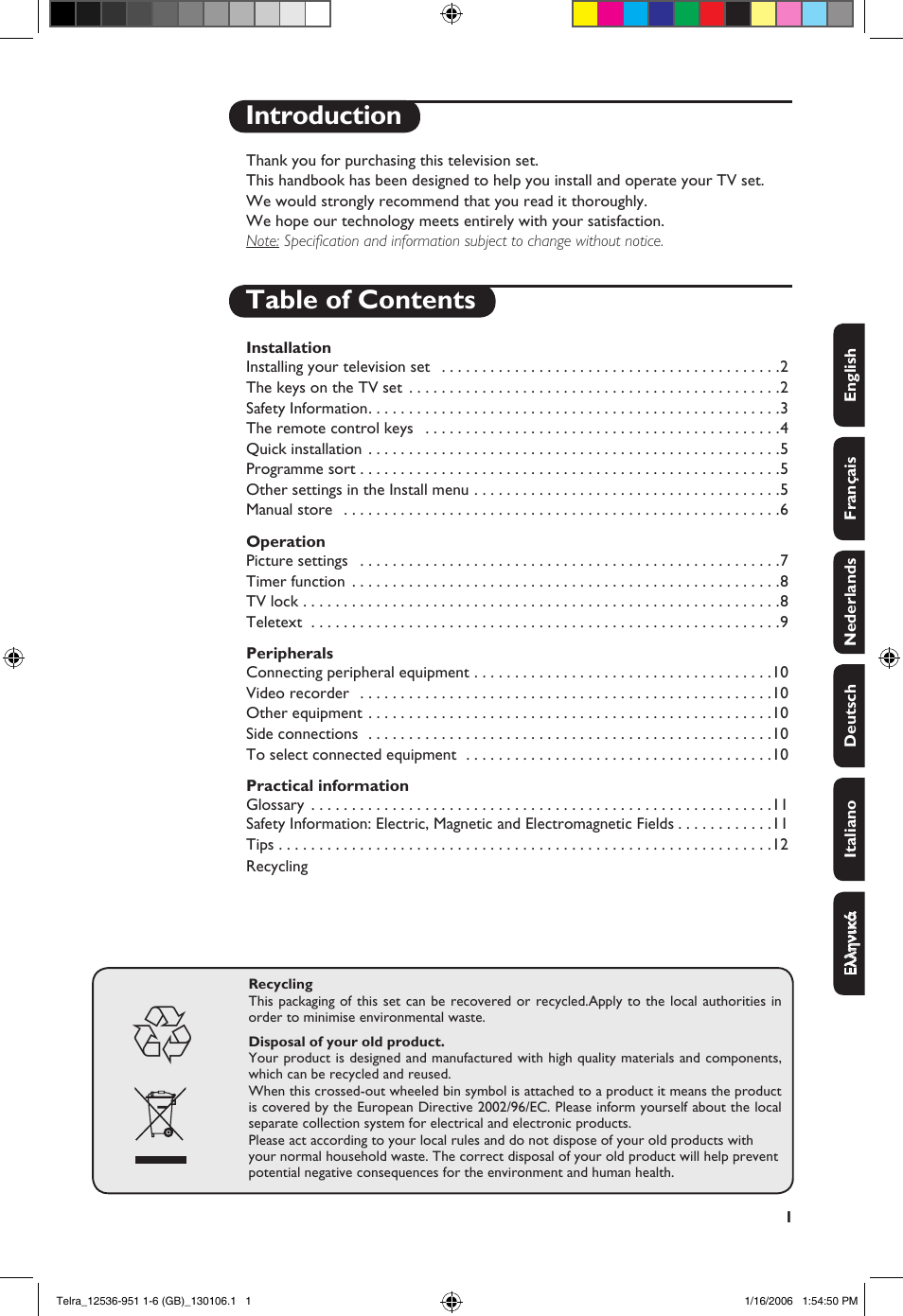 Introduction table of contents | Philips 14PT1521 User Manual | Page 3 / 76